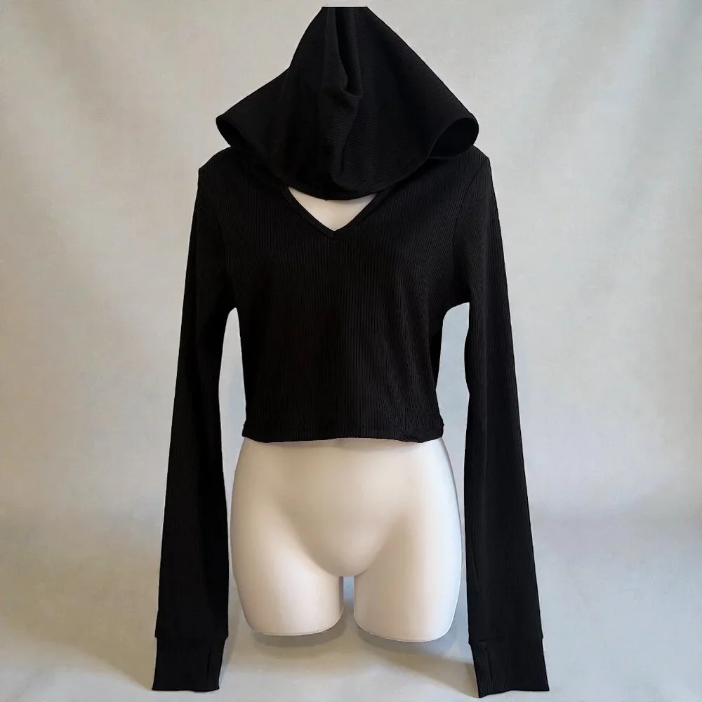 Forever 21 Ribbed Black Cropped Hoodie Top | Size L | Excellent Condition - Picture 2 of 8